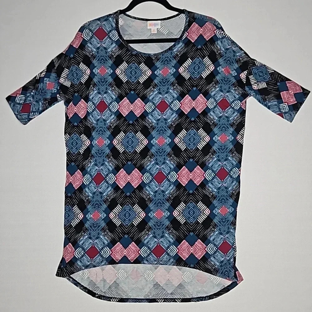 LuLaRoe Irma Geometric Black Teal Mauve Top Tunic Size XS